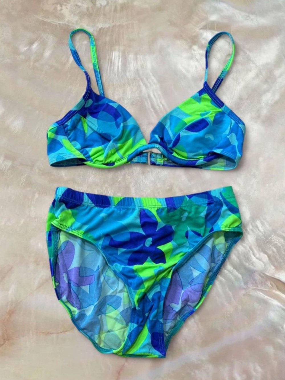 Vintage 1990s kathy ireland Blue & Green Floral Retro Two-Piece Swim Set